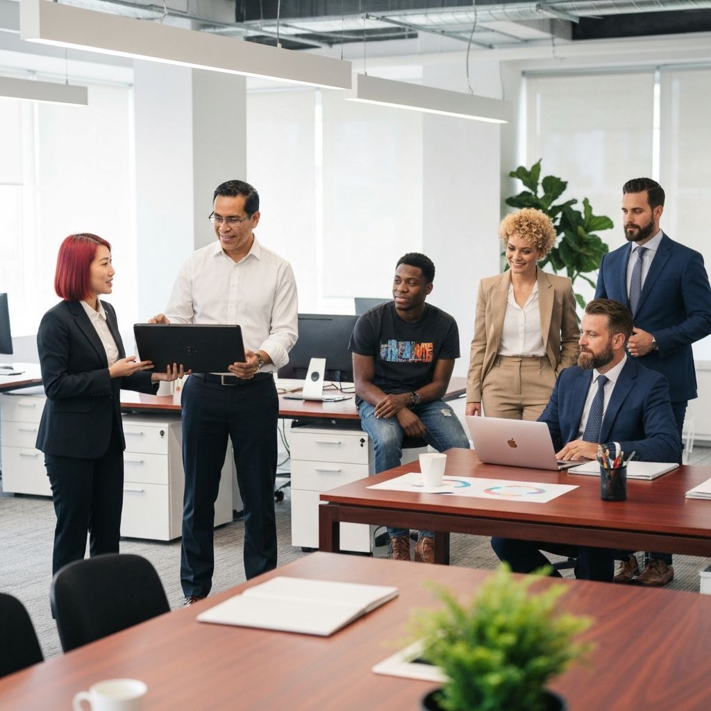 A diverse team collaborating in a modern office